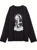 Skeleton Print Crew Neck T-Shirt, Y2K Long Sleeve Top For Spring & Fall, Women's Clothing