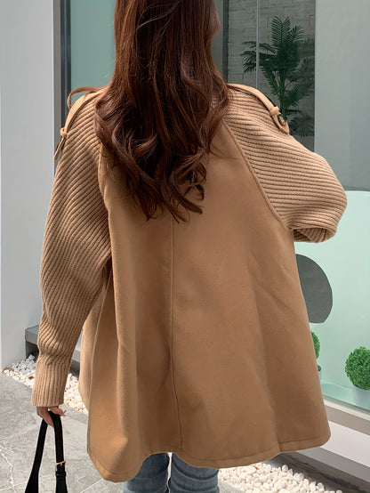 Solid Double Breasted Loose Overcoat, Versatile Long Sleeve Splicing Outwear For Fall & Winter, Women's Clothing