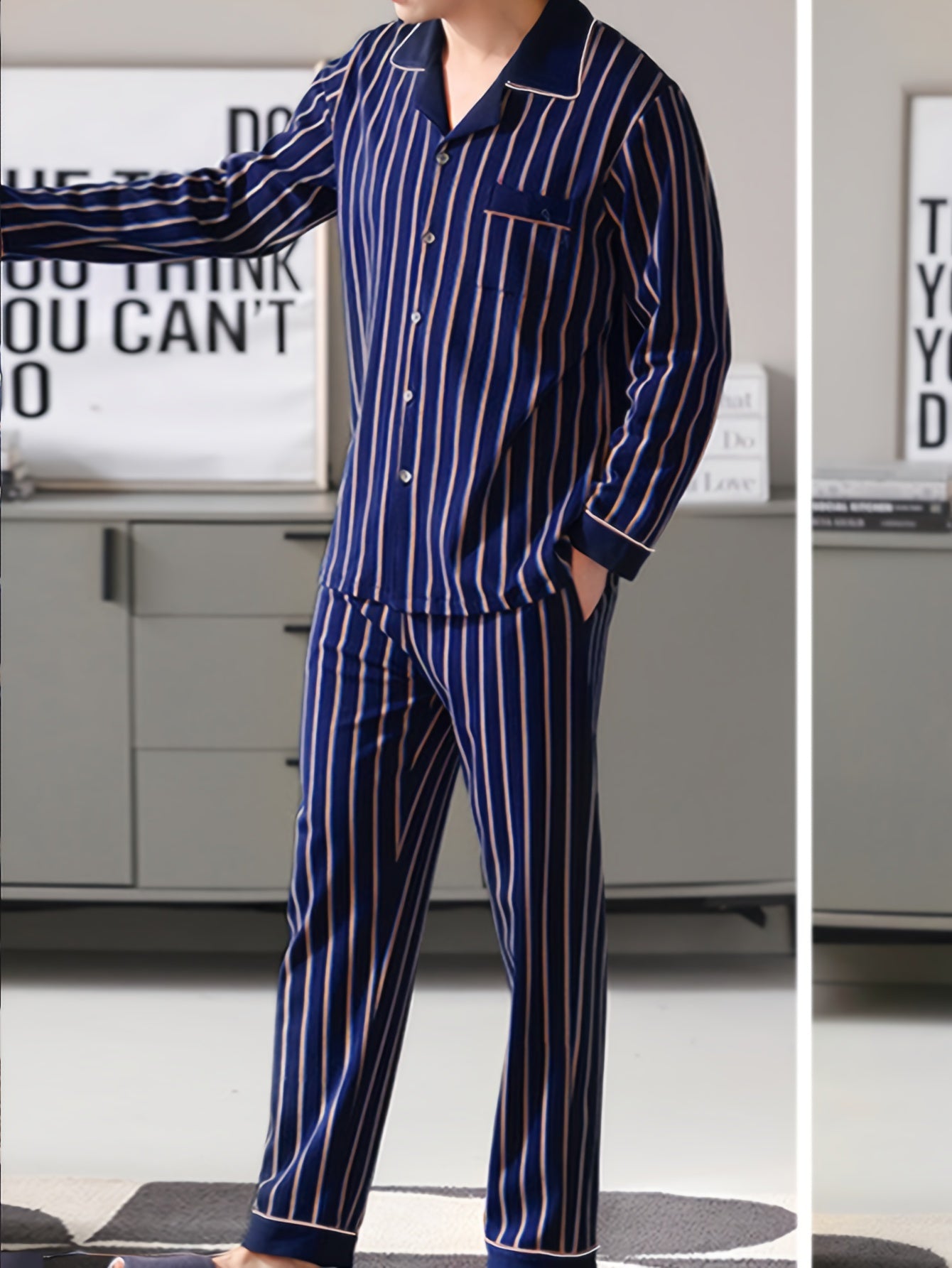 QIANNIANMA Men's Striped Pajama Set - Comfy Long Sleeve Button-Up Top & Pants, Casual Loungewear for Spring/Fall