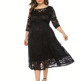 Plus Size Elegant Midi Lace Dress with 3/4 Sleeves - Crew Neck, Trapeze Hem, Pocket Details, Fitted Silhouette - Perfect for Wedding, Evening, Occasion, and Engagement Ceremony