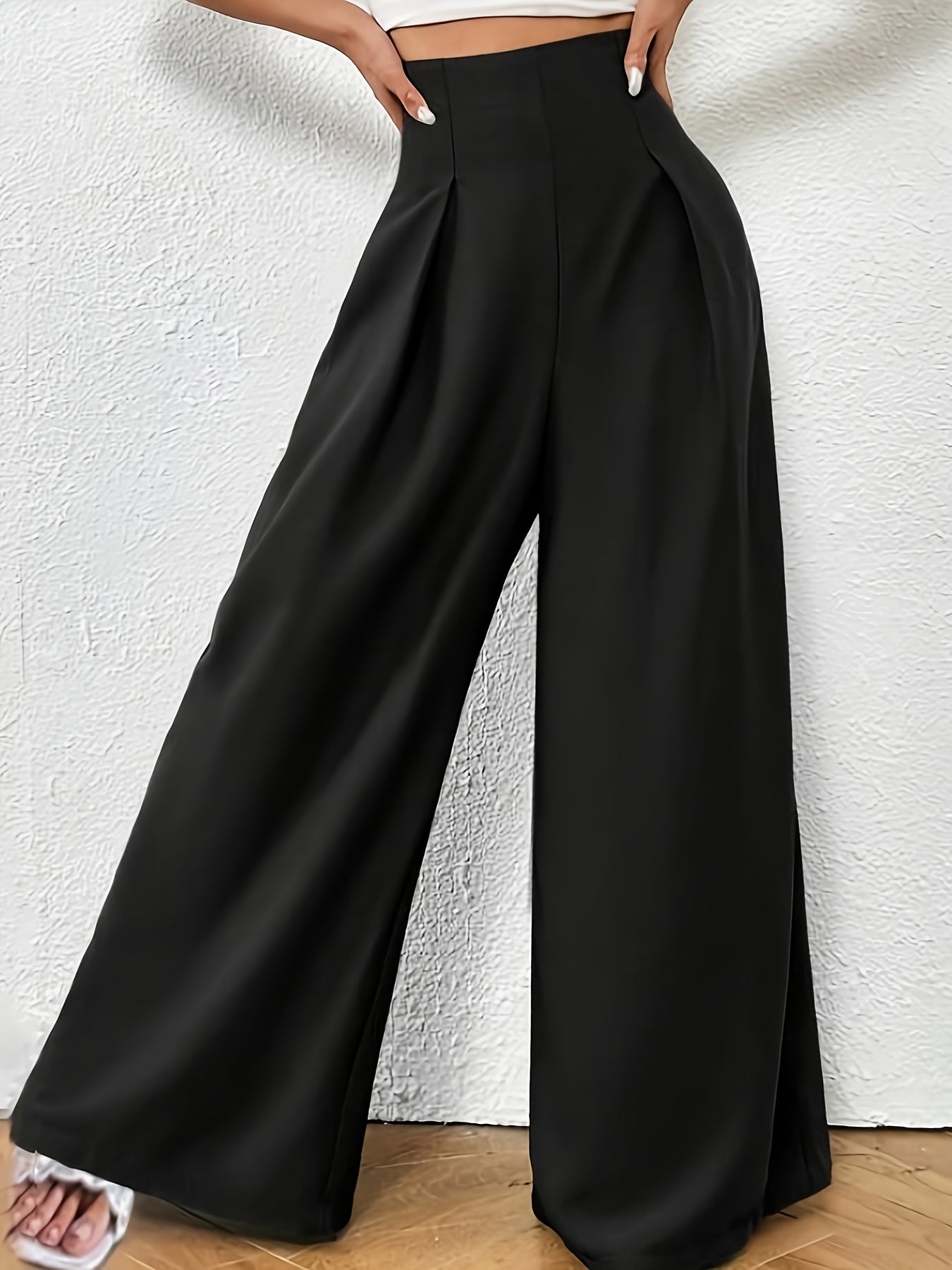 Plus Size Solid Pleated Wide Leg Pants, Casual High Waist Pants, Women's Plus Size Clothing