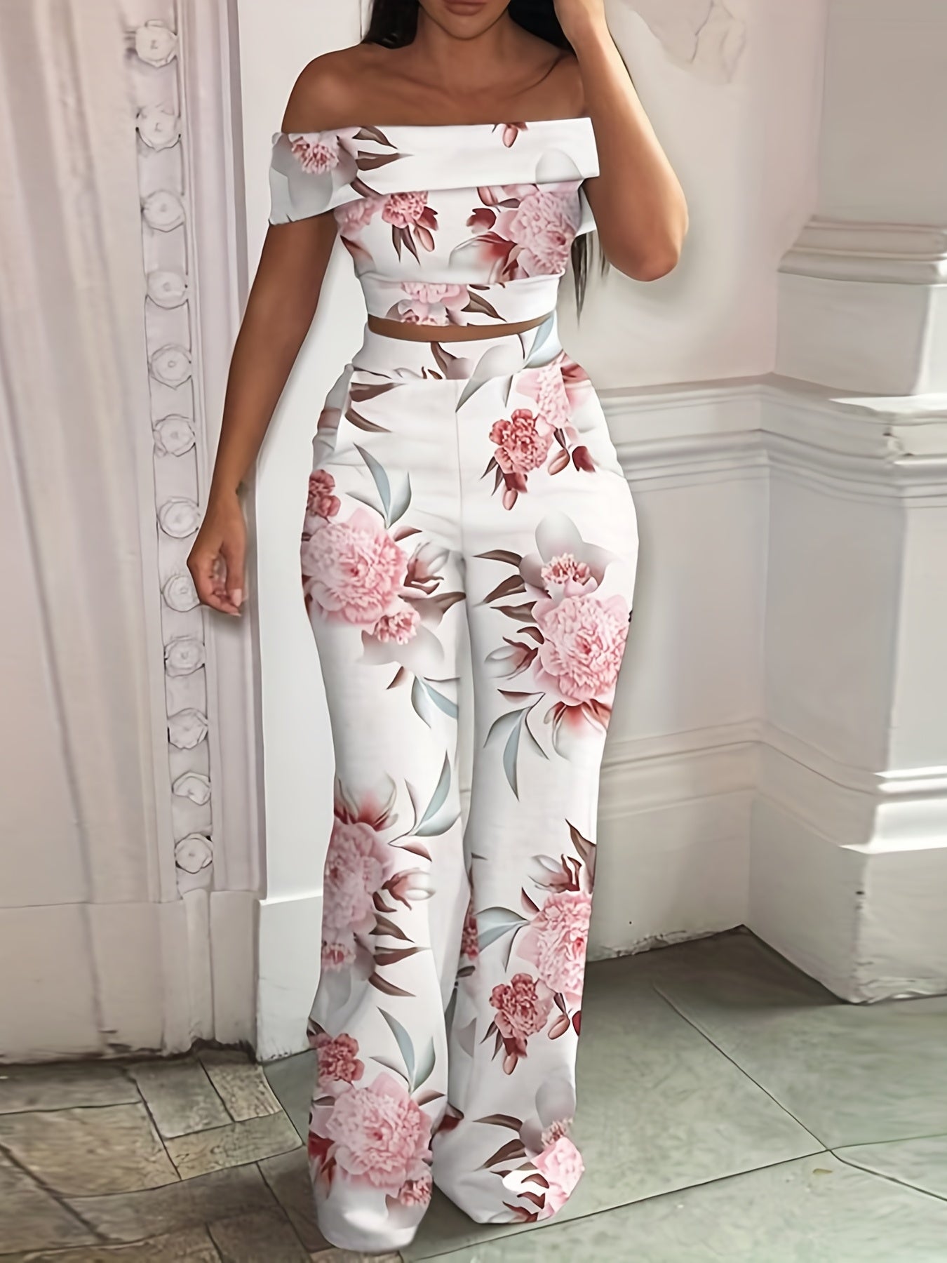 vlovelaw  Solid Simple Two-piece Set, Off Shoulder Cropped Vest & High Waist Wide Leg Long Length Pants Outfits, Women's Clothing