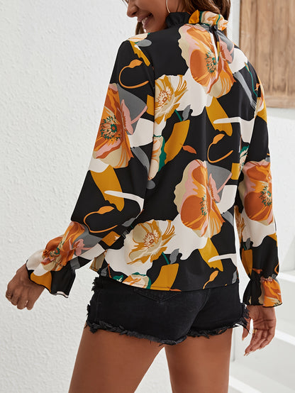 Floral Print Keyhole Blouse, Elegant Mock Neck Long Sleeve Blouse, Women's Clothing