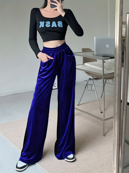 Velvet High Waist Pants, Casual Elastic Wide Leg Draped Pants With Pockets, Women's Clothing