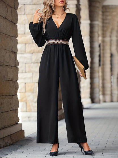 Solid Surplice Neck Jumpsuit, Elegant Long Sleeve Colorful Waistband Jumpsuit, Women's Clothing