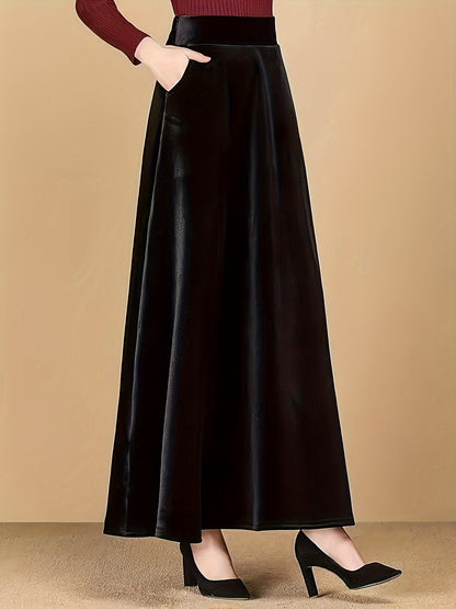 vlovelaw Plus Size Elegant Skirt, Women's Plus Solid Velvet Elastic High Rise Swing Maxi Skirt