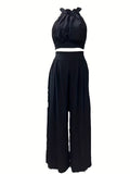 Solid Casual Two-piece Set, Ruched Sleeveless Tops & Wide Leg Long Length Pants Outfits, Women's Clothing