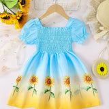 Knee-High Fit and Flare Girls Polyester Floral Princess Dress - Shirred, Puff Sleeve, Machine Washable, Non-Stretch, Casual Summer Dress for 4th of July - Vibrant Ombre Sunflower Pattern, Regular Fit, Woven Fabric