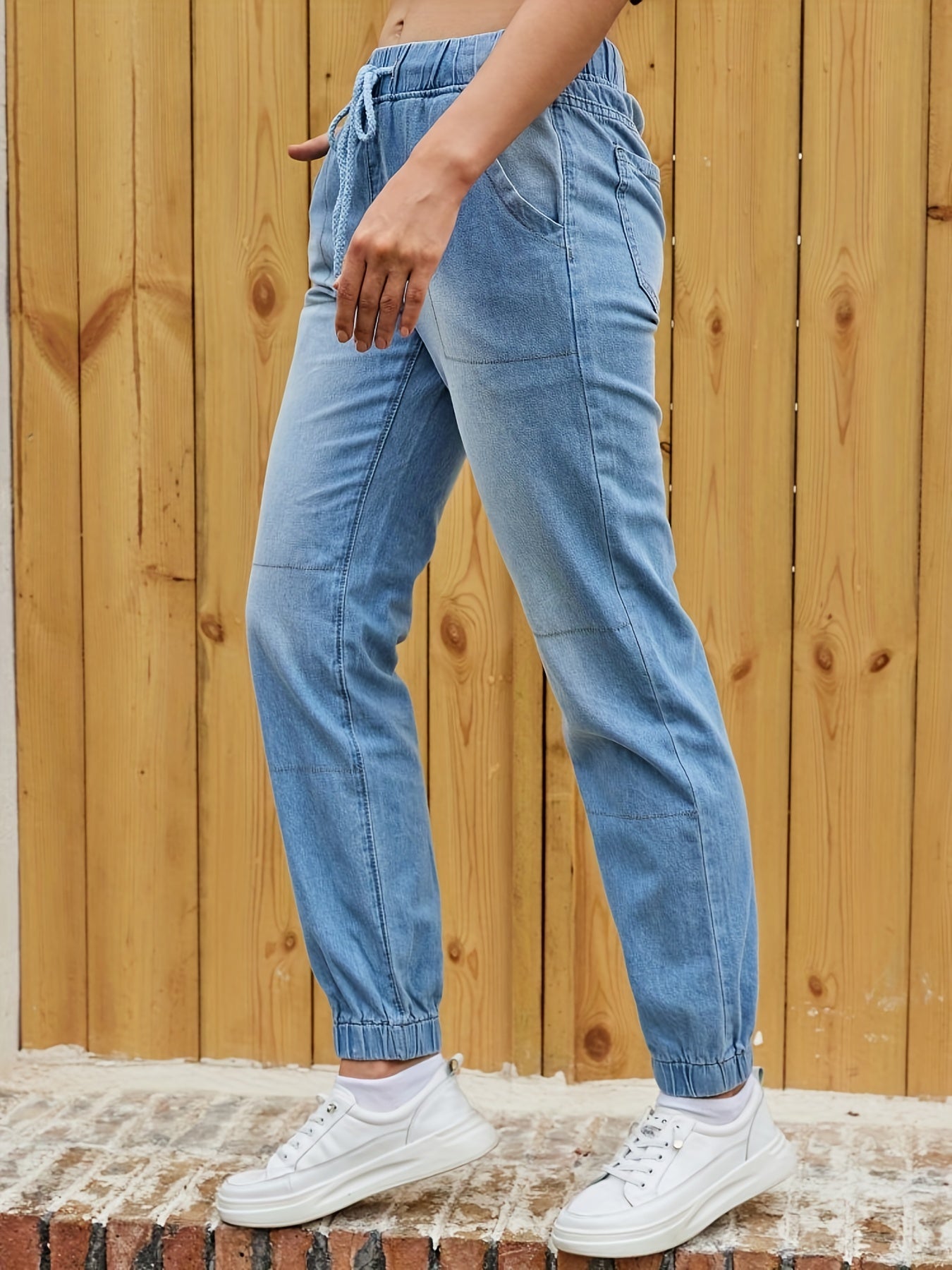 vlovelaw  Blue Elastic Waist Jogger Pants, Slash Pockets Straight Legs Mid-Waist Denim Pants, Women's Denim Jeans & Clothing