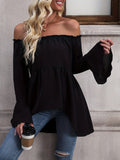 vlovelaw  Dipped Hem Ruffle Trim Blouse, Casual Off Shoulder Solid Long Sleeve Blouse, Women's Clothing