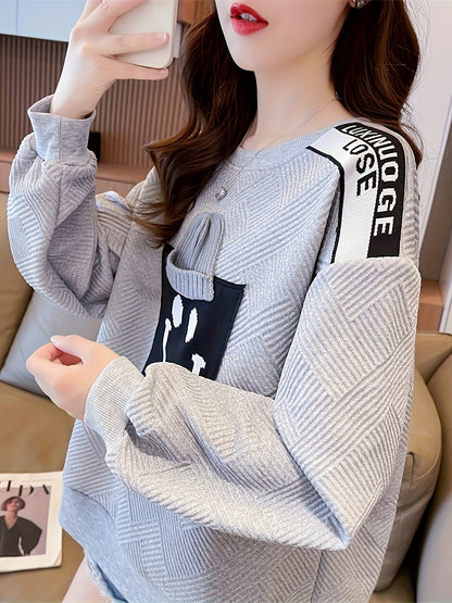 Smile Face & Letter Pattern Pullover Sweatshirt, Casual Long Sleeve Crew Neck Sweatshirt For Fall & Winter, Women's Clothing