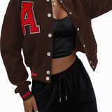 Alphabets Varsity Jacket, Casual Crop Button Front Jacket, Women's Clothing