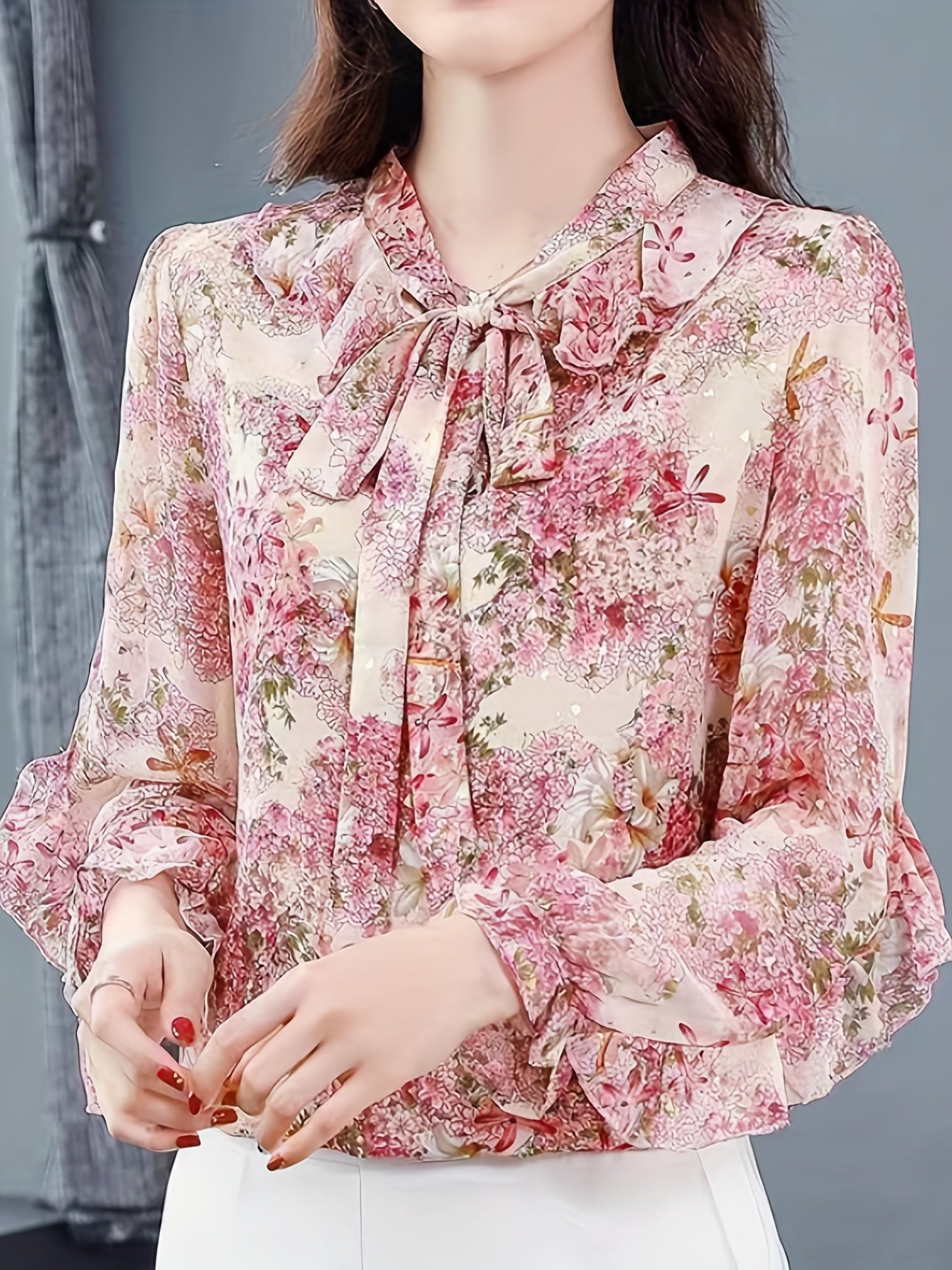 vlovelaw  Floral Print Ruffle Trim Blouse, Elegant Tie Neck Long Sleeve Blouse For Spring & Fall, Women's Clothing