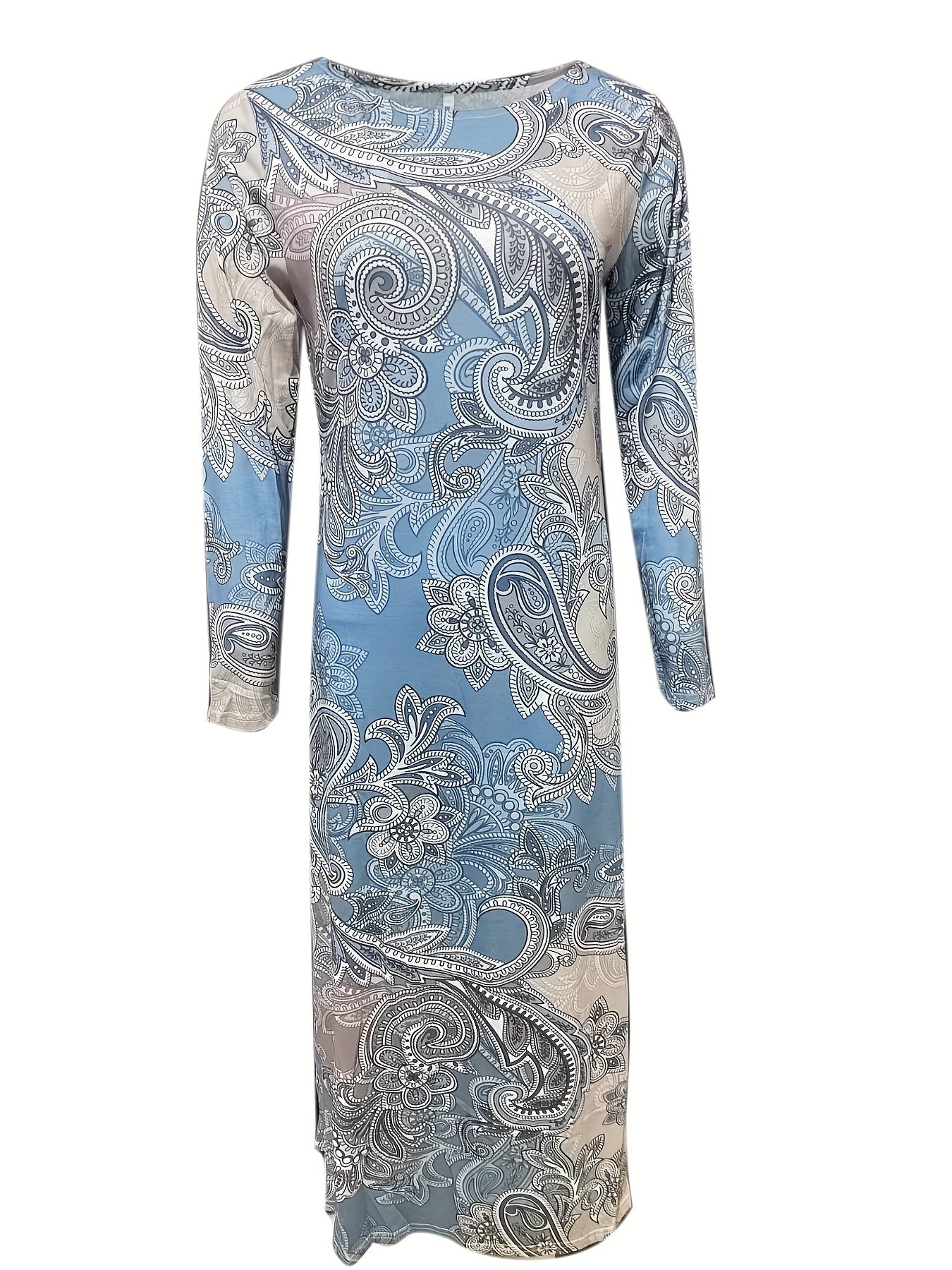 vlovelaw  Paisley Print Maxi Dress, Ethnic Long Sleeve Crew Neck Dress, Women's Clothing