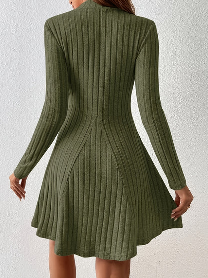 vlovelaw  Solid Ribbed Dress, Casual Mock Neck Long Sleeve Dress, Women's Clothing