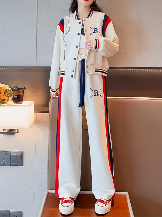 Girl's Sporty Style Outfit 2pcs, Color Clash Varsity Jacket & Wide Leg Pants Set, Kid's Clothes For Spring Fall