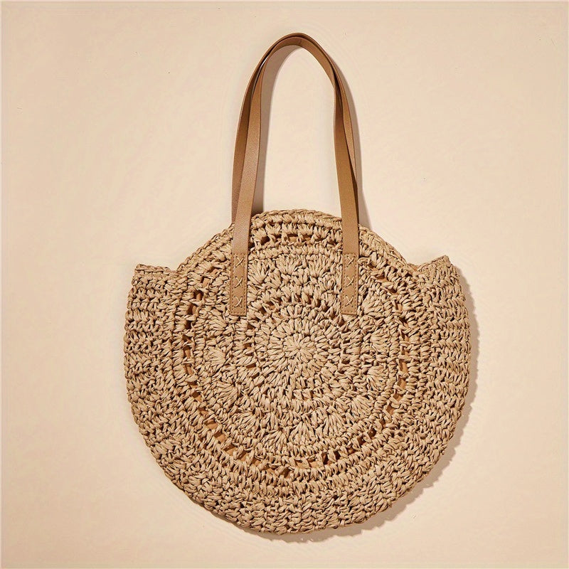 Summer Hollow Design Round Straw Bag, Minimalist Woven Women's Shoulder Bag, Beach Bag