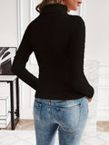 vlovelaw Cutout Ribbed Turtleneck T-Shirt, Casual Long Sleeve Top For Spring & Fall, Women's Clothing