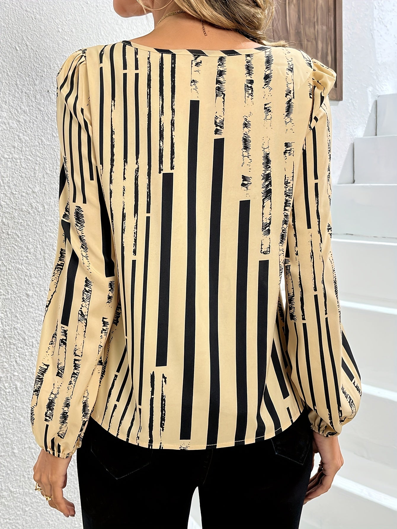 vlovelaw  Graphic Print Crew Neck Ruched Blouse, Casual Long Lantern Sleeve Blouse For Spring & Summer, Women's Clothing