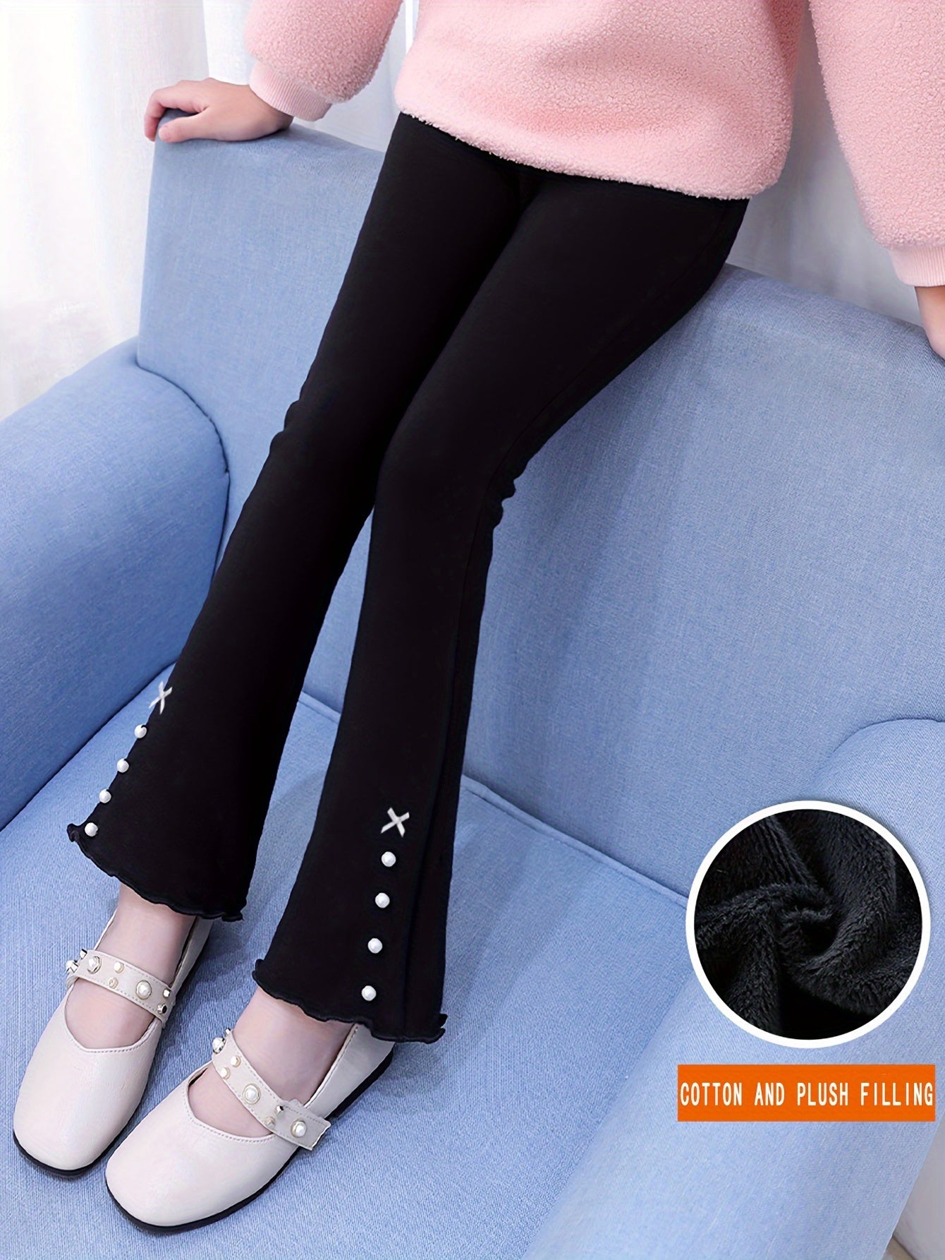 vlovelaw  Girls Elegant Thermal Flare Pants With Bowknot & Bead Details, Slim Warm Long Pants For Fall Winter