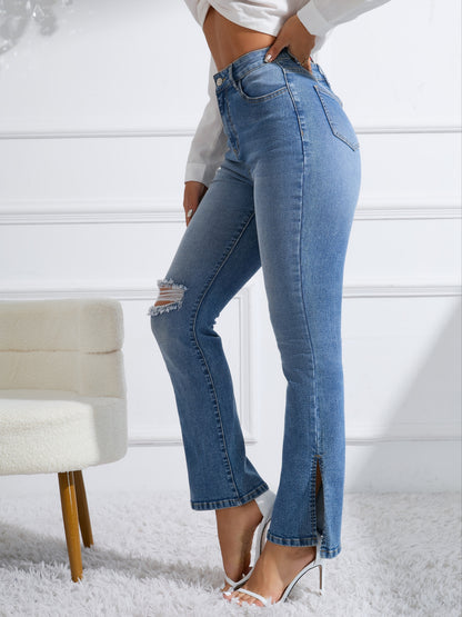 vlovelaw  Side Split Ripped Holes Flare Jeans, Button Zipper Fly Washed Casual Denim Pants, Women's Denim Jeans & Clothing