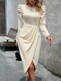 vlovelaw  Tucked Puff Long Sleeve Dress, Elegant Crew Neck Bodycon Party Dress, Women's Clothing