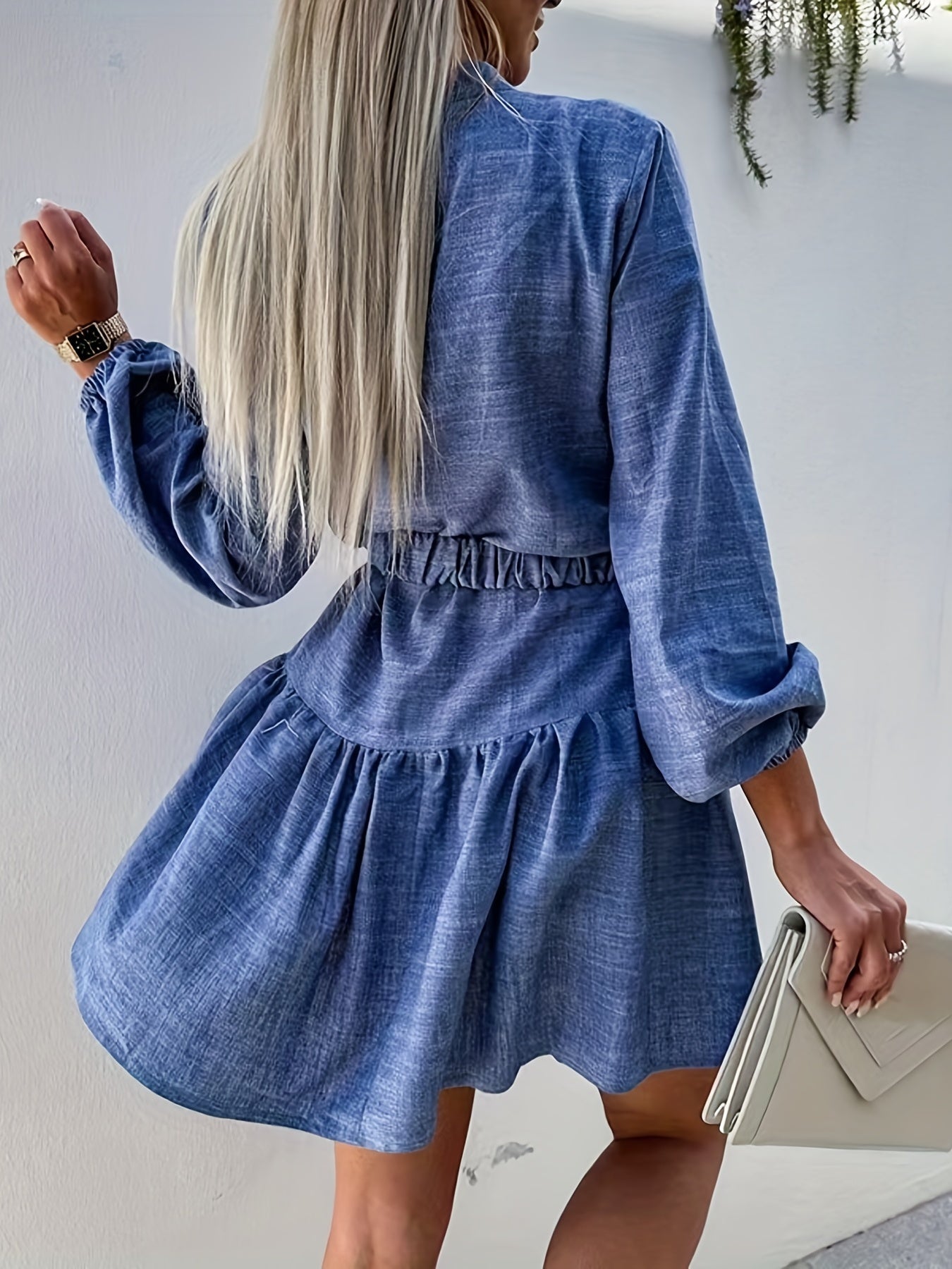 vlovelaw  Solid Button Decor Ruffle Hem Dress, Casual Long Sleeve Belted Dress, Women's Clothing