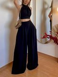 Solid Casual Two-piece Set, Ruched Sleeveless Tops & Wide Leg Long Length Pants Outfits, Women's Clothing