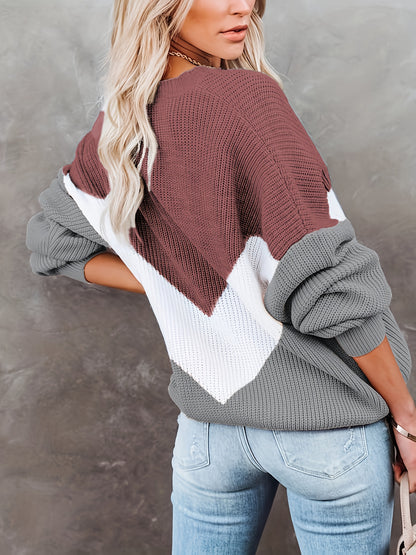 Color Block Crew Neck Pullover Sweater, Casual Long Sleeve Sweater For Fall & Winter, Women's Clothing