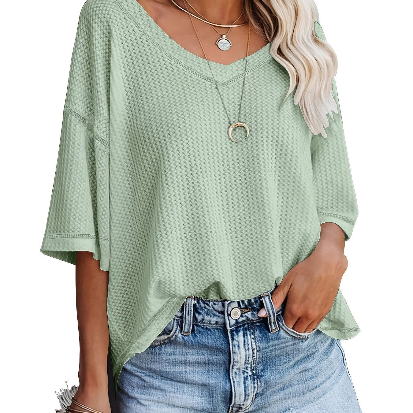 vlovelaw Solid Elegant V Neck T-Shirt, Drop Shoulder Casual Top For Summer & Spring, Women's Clothing