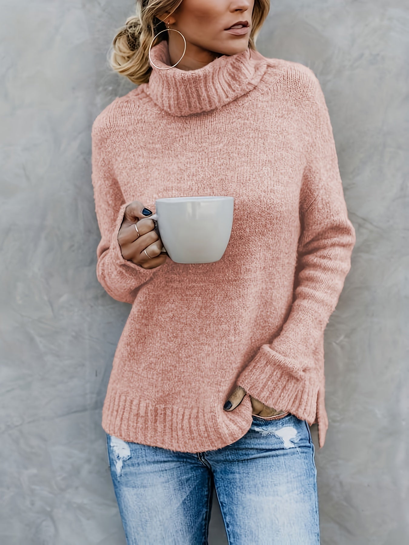 Solid Turtle Neck Pullover Sweater, Casual Long Sleeve Split Sweater For Fall & Winter, Women's Clothing