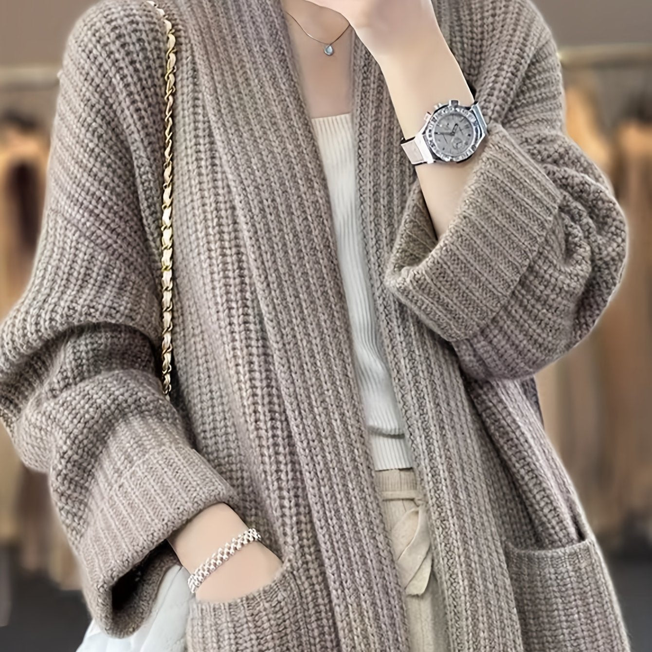 vlovelaw  Solid Open Front Knit Cardigan, Casual Long Sleeve Oversized Sweater Coat With Pocket, Women's Clothing