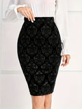 vlovelaw Plus Size Elegant Skirt, Women's Plus Damask Print Elastic High Rise Pencil Skirt