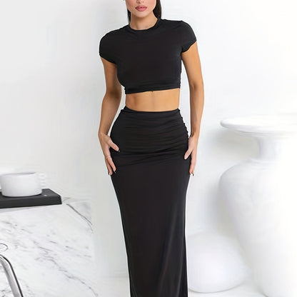 vlovelaw Solid Slim Two-piece Skirt Set, Short Sleeve Skinny Crop Tee & High Waist Skirt Outfits, Women's Clothing