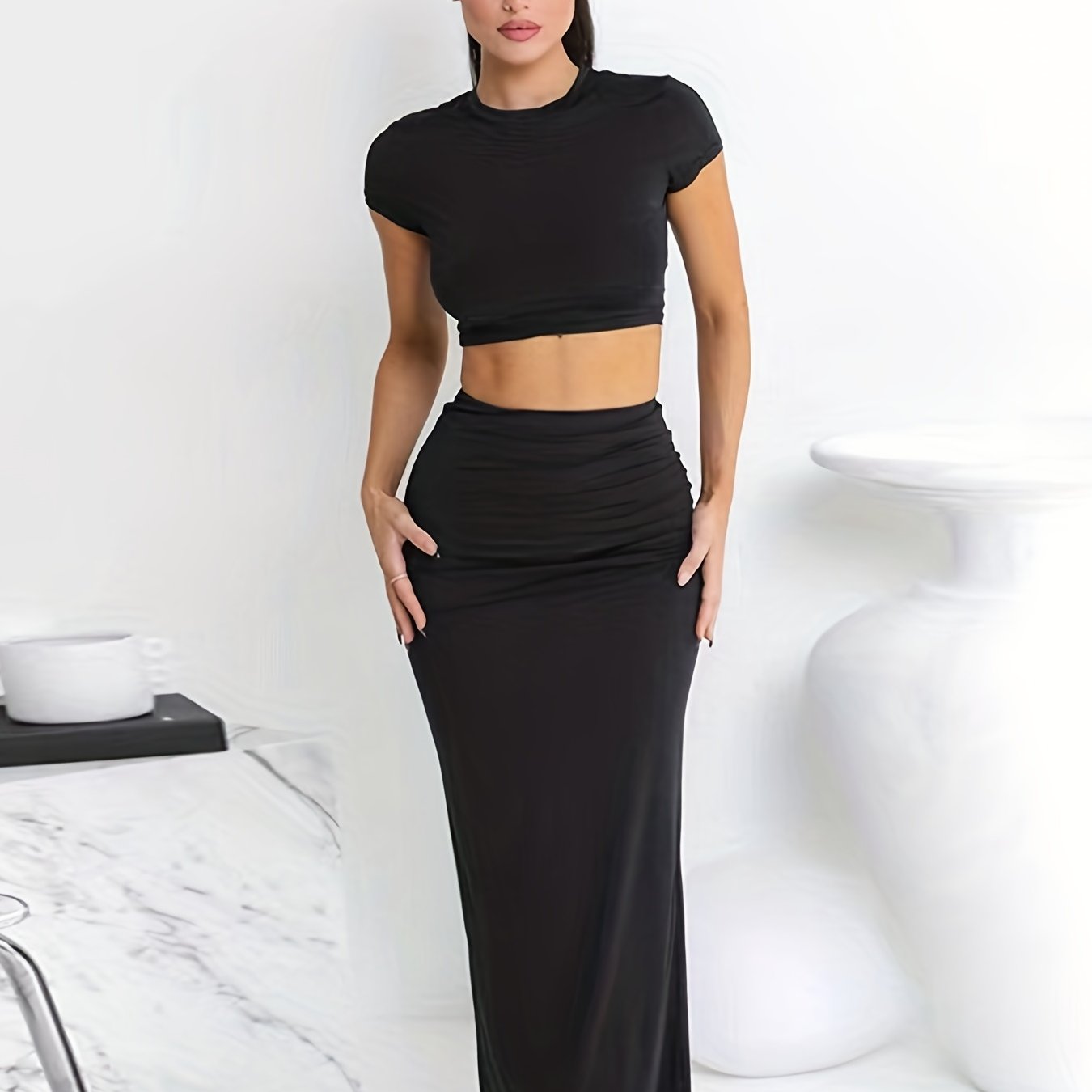 vlovelaw  Solid Slim Two-piece Skirt Set, Short Sleeve Skinny Crop Tee & High Waist Skirt Outfits, Women's Clothing