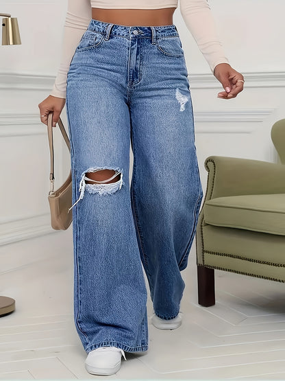 Loose Ripped Holes Wide Leg Jeans, Distressed Loose Denim Pants With Slant Pocket, Women's Denim Jeans & Clothing