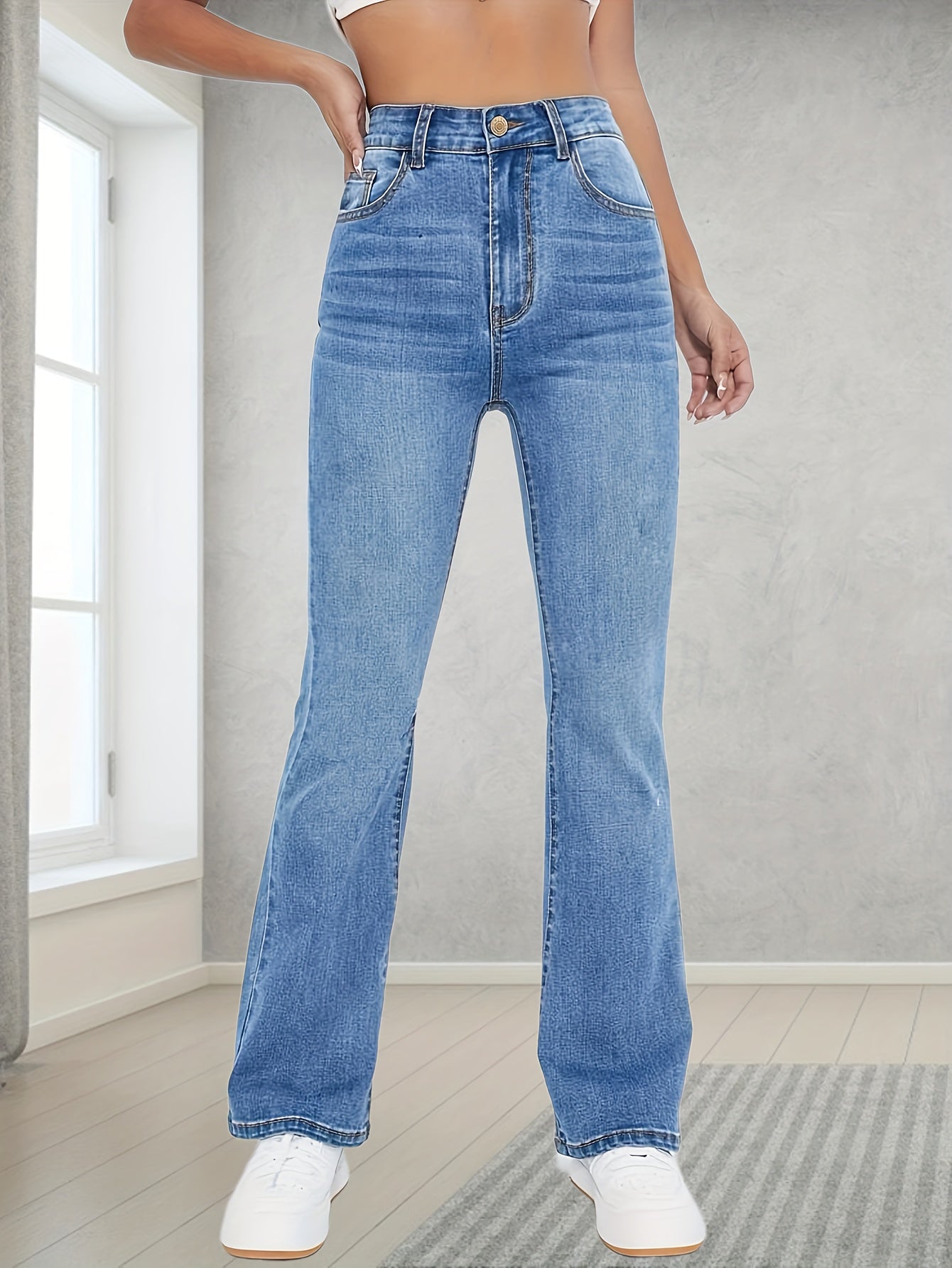 vlovelaw  Light Blue Casual Bootcut Jeans, Mid-Stretch Slant Pockets High Waist Denim Pants, Women's Denim Jeans & Clothing