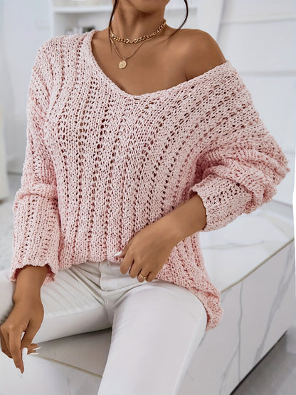 vlovelaw  Solid Eyelet V Neck Pullover Sweater, Casual Long Sleeve Drop Shoulder Knit Sweater, Women's Clothing