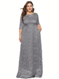 Plus Size Elegant 3/4 Sleeve Crew Neck Lace Dress - Fitted, Trapeze Hem, Pocket Details - Perfect for Wedding, Evening, Occasion, Engagement, Ceremony, and All-Season Events