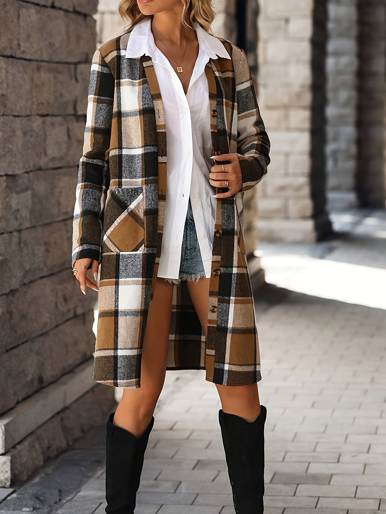 Plaid Pattern Mid Length Trench Coat, Elegant Button Front Long Sleeve Outerwear, Women's Clothing