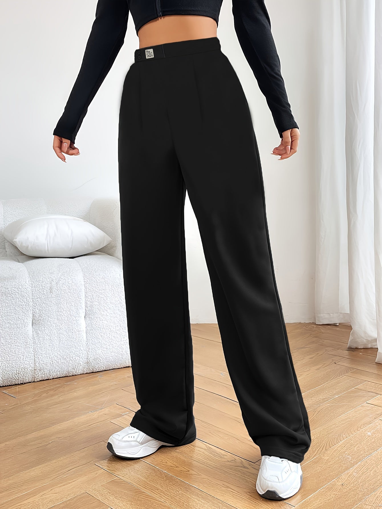 vlovelaw  Plus Size Sports Pants, Women's Plus Plain Black Double Buttons Waist Detail High Stretch Slash Pockets Pants