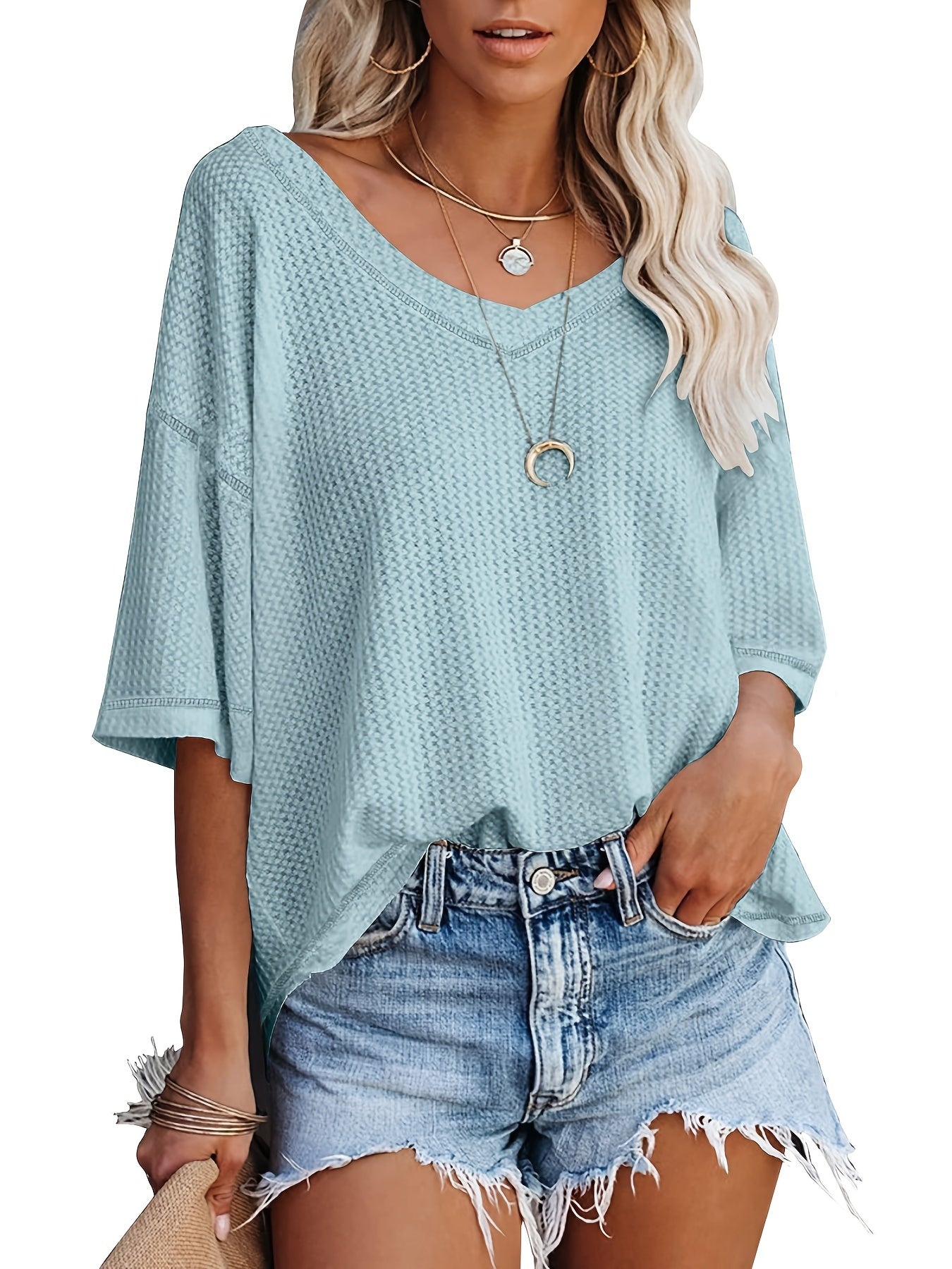 vlovelaw Solid Elegant V Neck T-Shirt, Drop Shoulder Casual Top For Summer & Spring, Women's Clothing