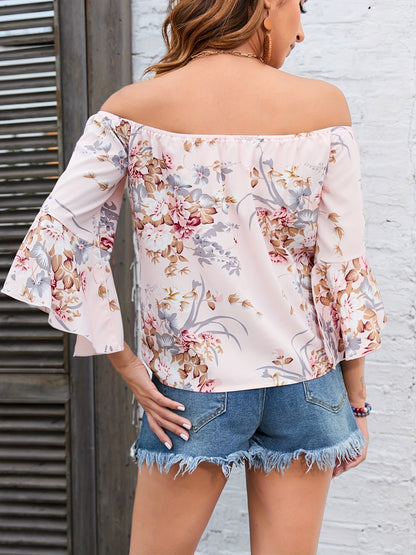 vlovelaw  Floral Print Off Shoulder Blouse, Casual Half Sleeve Blouse For Spring & Summer, Women's Clothing