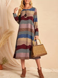 vlovelaw  Striped Crew Neck Dress, Elegant Long Sleeve Dress For Spring & Fall, Women's Clothing