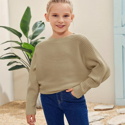 Kids' Cozy Oversized Batwing Crewneck Sweater - Soft, Chunky, Slouchy, Long Sleeve, Fall Fashion Essential for Girls - Cute Pullover Jumper Shirt for Casual Daily Wear