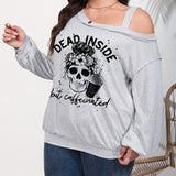 Plus Size One Shoulder Skull Print T-shirt, Women's Plus Casual Drop Shoulder Tee