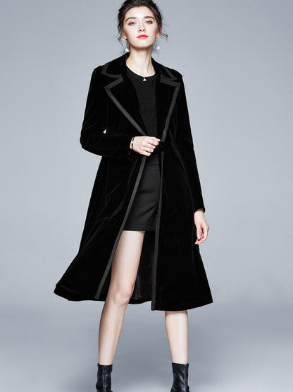 Contrast Trim Lapel Trench Coat, Elegant Long Sleeve Velvet Outwear For Fall & Winter, Women's Clothing