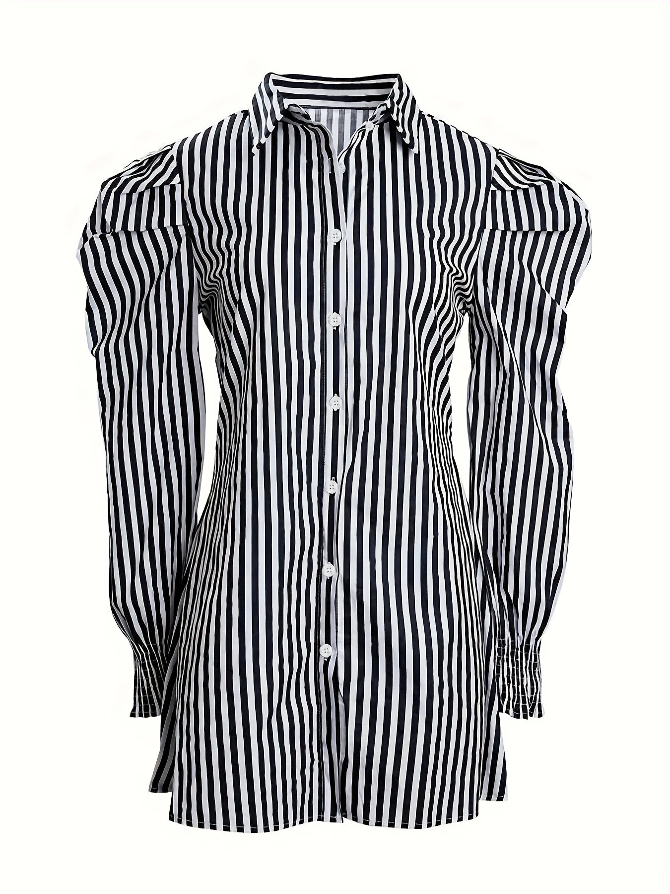 vlovelaw  Striped Print Mini Dress, Casual Button Front Puff Long Sleeve Dress, Women's Clothing