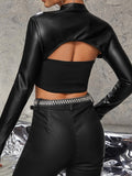 vlovelaw Solid Faux Leather Crop Top, Vintage Long Sleeve Crop Top For Spring & Fall, Women's Clothing