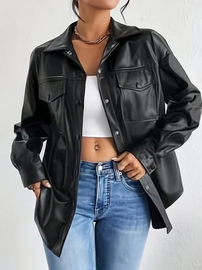 vlovelaw  Solid Color Button Front Leather Jacket, Casual Lapel Neck Long Sleeve Flap Pockets Jacket For Every Day, Women's Clothing